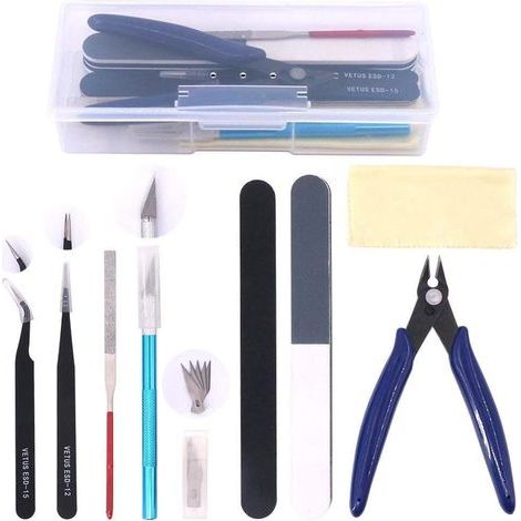 Lot de 9 outils de base professionnels Gundam Modeler - Parfait pour la construction de modèles, les débutants, les loisirs - Avec conteneur en plastique robuste (1/5)