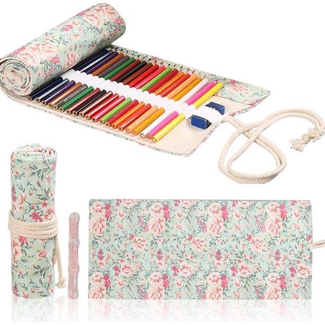 Pinsel- und Werkzeugetui aus Canvas – Blumenmuster – 36 Fächer – 46 x 20 cm (1/5)