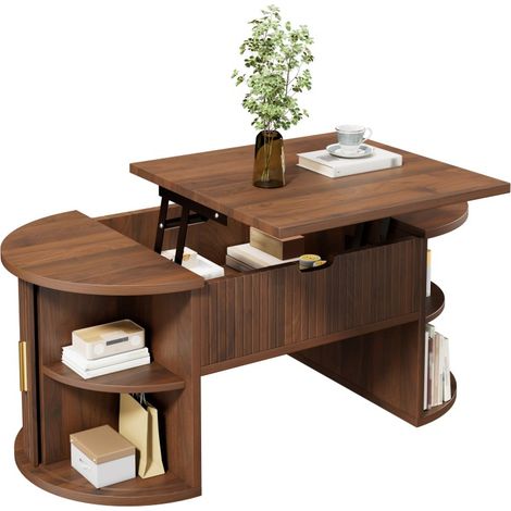 Table basse relevable réglable avec rangement caché, portes coulissantes, noyer (1/5)