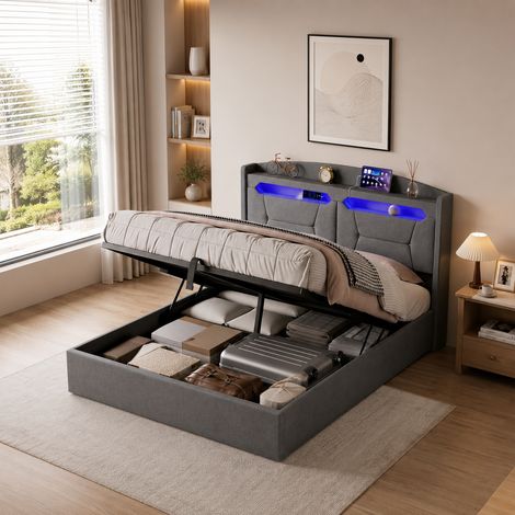 Lit coffre 140×190 cm,rangement hydraulique,lit double capitonné,lumière LED et port USB,tête de lit avec rangement,cadre de lit 140×190,style moderne,sommier à lattes,lit adulte,lit ados,Lin,Gris (1/5)