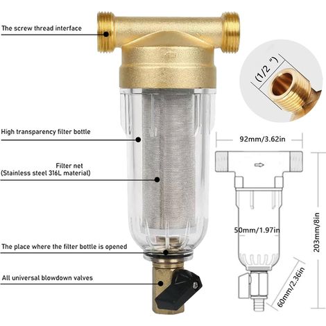 Filtro fine risciacquabile, prefiltro, filtro per acqua di rubinetto, prefiltro per sedimenti, filtro per acqua per sedimenti avvitabile, per tubo flessibile per acqua di pozzo (1/2") (1/4)