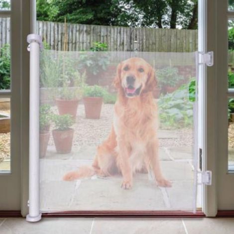 Cancello per Animali Estensibile 11x160x86cm Cancelletto a Pulsante in Tessuto a Rete Flessibile Bianco (1/4)