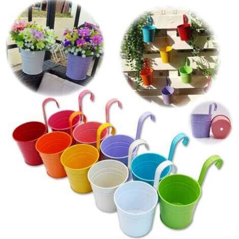 Set di 10 vasi da fiori in metallo da appendere con foro di drenaggio e gancio rimovibile (colori assortiti)