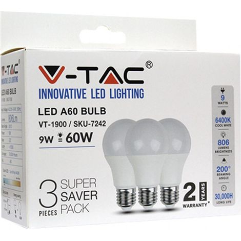 3 PZ Lampada Led E27 A60 9W Bianco Freddo 6400K Bulbo Sfera 806 Lumen SKU-7242