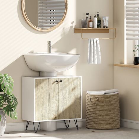 Meuble Sous Lavabo Salle de Bain 2 Portes + Pieds Acier 60x30x60 cm Blanc + Bois Naturel