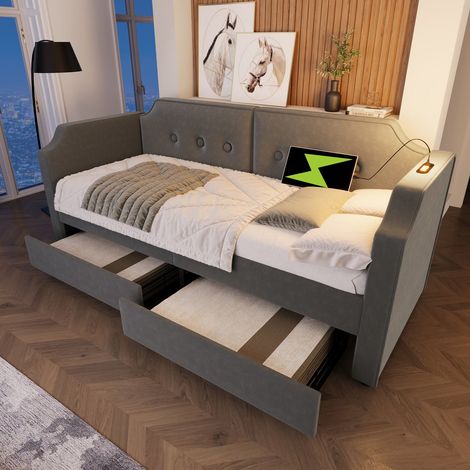 Lit banquette 90x200 cm en velours gris avec lumière de lecture usb-c et 2 tiroirs de rangement, sans matelas (1/5)