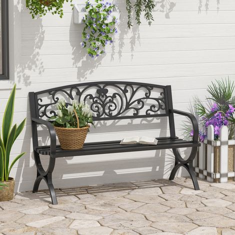 Banc jardin 2 Noir places terrasse fer motif floral classique 127x60x85 cm (1/4)