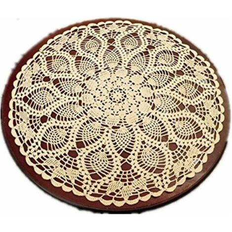 Napperon de table rond en dent de coton fait à la main Beige 60 cm (1/4)