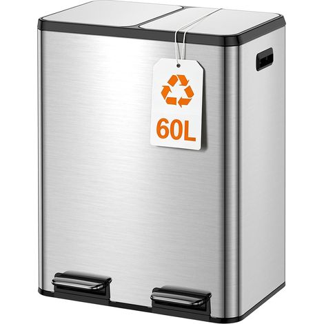 Poubelle Cuisine 60L à Pédale, 2x30L Poubelle Tri Sélectif Double Compartiment Inox, Soft Close Silencieux, Bacs Amovibles, Anti-Odeurs, Grande Poubelle Recyclage avec 15 Sacs (1/5)
