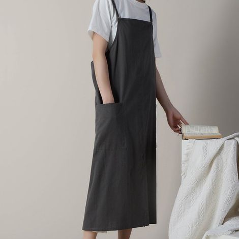 Stile giapponese, regolabile, realizzato in morbido cotone e lino, con due tasche, adatto per fioristi, bar, negozi di artigianato, cucina, ecc. - Grigio (1/5)