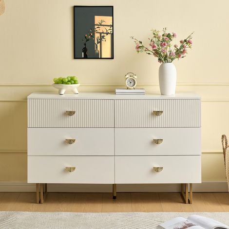 Buffet et enfilade - 6 tiroirs blanc-accents dorés - Design contemporain-MDF et acier-120x40x75 cm-Chambre-salon-entrée (1/5)