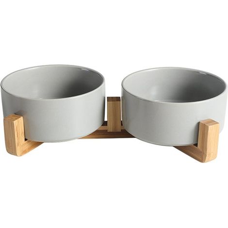 Ciotola in ceramica per cani e gatti con supporto in legno, ciotola per bere e mangiare, 2 x 395 ml, grigia (1/2)