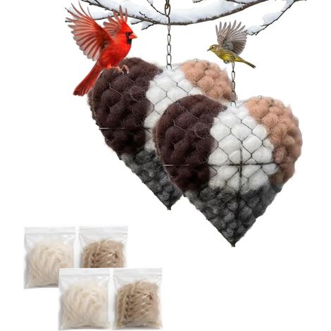 Handmade Alpaca Fiber Bird Nesting Heart, Birds Nests Material Holder, Winter Tree Shelter for Wild Bird, Hummingbird Houses Nest Boxes Gifts for Outside Garden Art Birdhouse (White Camel color2pcs)
