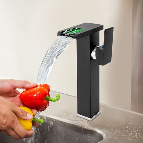 Grifo de lavabo negro con recipiente, luz LED de 3 colores cambiantes, cascada, control de una mano, un orificio, (1/5)