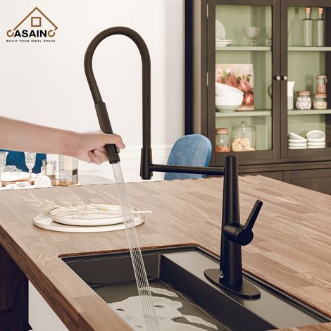Robinet de cuisine monocommande noir mat à montage sur plage avec douchette (plaque de montage incluse) (1/5)