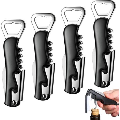 Juego de 4 herramientas profesionales para vinoteca: sacacorchos, sacacorchos 3 en 1, cuchillos de sumiller, cuchillos de sumiller de acero inoxidable con abrebotellas y cortador de papel de aluminio, (1/5)