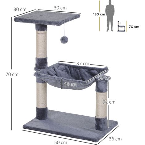 Arbre à chat gris avec griffoir en sisal, hamac en peluche et plateforme en panneau de particules, 50 x 36 x 70 cm, pour chatons et chats adultes. (1/5)