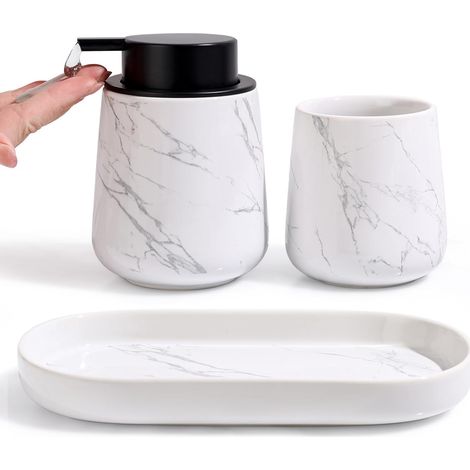Ensemble Accessoires de Salle de Bain 3 Pièces en Céramique – Distributeur de Savon 350 ML, Gobelet 320 ML, Porte-Savon (Marbre, Distributeur de Savon Liquide) (1/5)