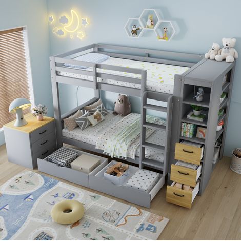 Letto a castello grigio 90x200 cm in legno con 2 cassetti e scaffale laterale OKWISH (1/5)