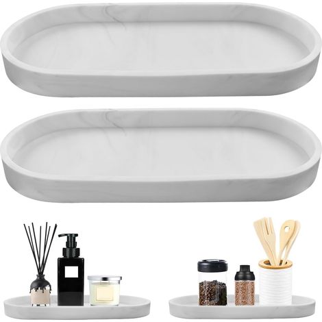 2 Plateau, Silicone, Motif Marbre Blanc, Ovale, Résistant Humidité, Salle de Bain, Cuisine, Coiffeuse (1/5)