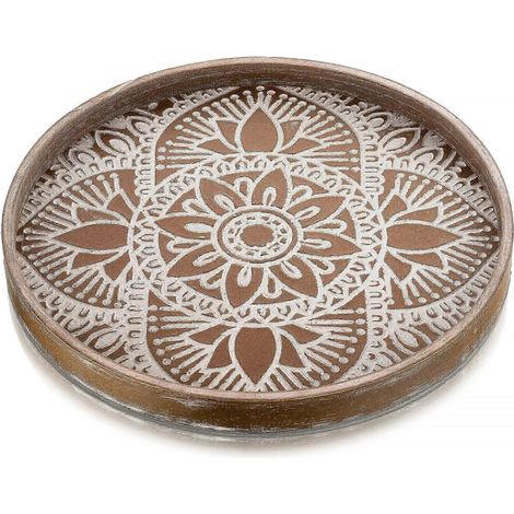 Plateau décoratif rond en bois de style bohème, centre de table rustique, plateau de service en bois pour comptoir de cuisine et pouf 2025 (1/5)