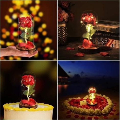 Rose éternelle sous cloche LED - Belle et la bête - Rouge - Fleurs artificielles - Cadeaux de vacances (1/4)