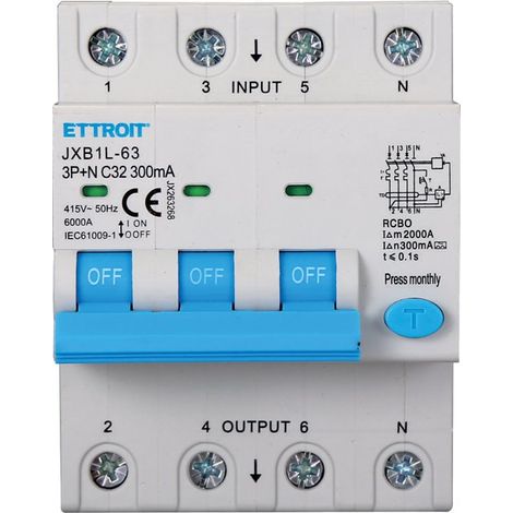 RCBO Interruttore Magnetotermico Differenziale Tipo A Curva C 3P+N 4M 6000A 300mA C32A AC 400V IP20 IEC61009-1