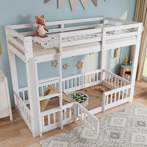 Lit superposé bois pin 90x200 - Escalier sécurisé avec rampe et porte - Espace libre dessous - Protection anti-chute (sans Matelas) (1/5)