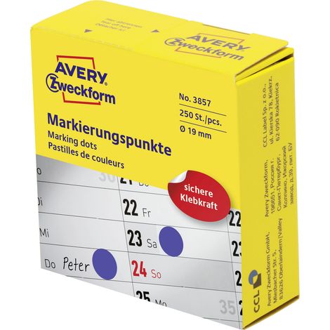 Avery Zweckform 3857 Markierungspunkte, Ø 19 mm, 1 Rolle/250 Etiketten, blau (1/5)