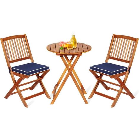 3tlg. Gartenmöbel Set Akazienholz klappbar mit Kissen Blau (1/5)