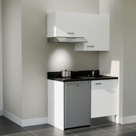 Kitchenette K01L - 120 cm - plan monobloc évier intégré Nero- évier à droite - Façades Blanc + Electroménager inclus coloris Inox (1/5)
