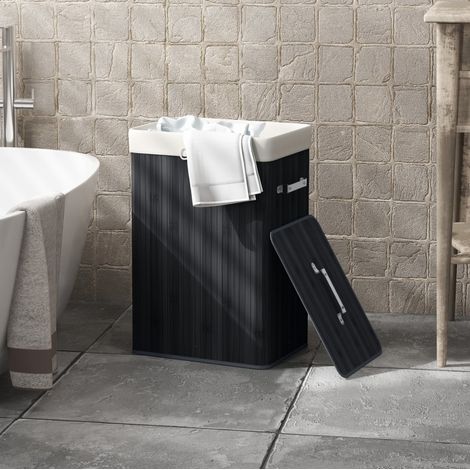 Cesta para la ropa con tapa, bambú, plegable, 72 L, negro HAVRYA (1/5)