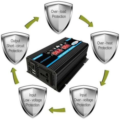 Pure sine voltage converter 12V 220V 300W – Remote control – Double AC sockets – LCD display – Protection against overloads and short circuits (1/4)