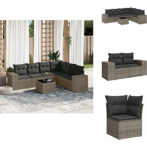 7-tlg. Garten-Sofagarnitur mit Kissen Grau Poly Rattan - Gartenmöbel Set - PE-Rattan Möbel - Outdoor Lounge - Esstisch - Sofas (1/5)
