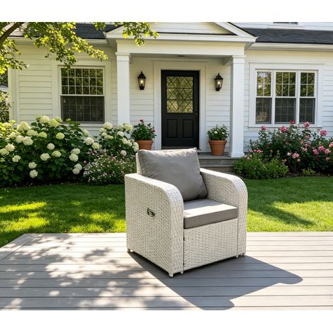 Fimous Outdoor Rattan Reclining Chair Light Grey Mixed Adjustable Patio Armchair with Thick Removable Cushion