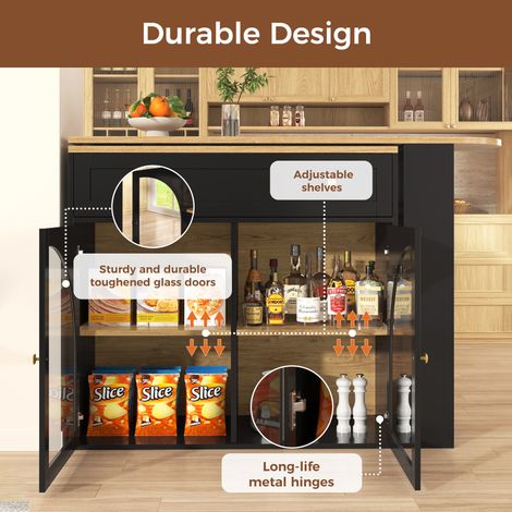 Table de bar extensible avec rangement (138-204×39×104 cm), table à manger pivotante à 360°, table de bar moderne mobile, table haute pour îlot de cuisine, buffet avec étagères et verre, noir (1/5)