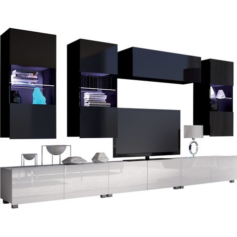 Ensemble de salon Remus XI, Blanc + Blanc brillant + Noir + Noir brillant
