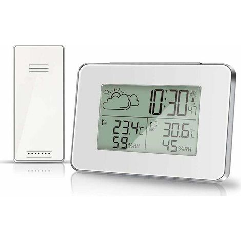 Stazione meteorologica wireless - Termometro e igrometro per interni/esterni - Con sensore esterno - Schermo LCD - Monitor digitale di temperatura e umidità - Retroilluminazione - Bianco -Crezuo