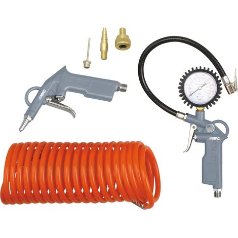 ABAC 6 Pièces Kit d'Accessoires Pour Compresseur G-813, Comprenant un Gonfleur de Pneus avec Manomètre, une Soufflette, un Tuyau en Spirale de 5 m, 3 Embouts de Gonflage, Pression Max. 8 Bar (1/5)