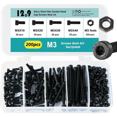 Lot de 200 vis M3 à tête cylindrique à six pans creux, noirs, en acier au carbone 12,9 degrés, longueurs : 10 mm, 20 mm, 30 mm, 40 mm (1/5)