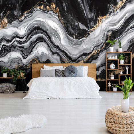 Vlies Fototapete Marmor 150x105 cm, Tapeten, für Wohn und Schlafzimmer, Vliestapete Wandtapete Tapete 3D Effekt- inkl. Kleister - Abstrakt Modern Schwarz Weiß gold, WallArena (1/4)