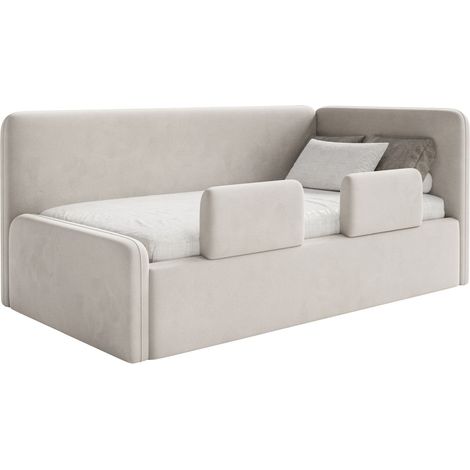Selsey Fanko – Kinderbett 90x200 cm mit Rausfallschutz, Matratze, Kopfteil rechts, Samt,Hellbeige
