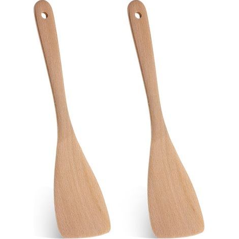 Ensemble aus zwei Pfannenwendern in Holz, gebräuchlich in der Wokpfanne, in der Pfanne und auf verschiedenen Tellern. (1/5)