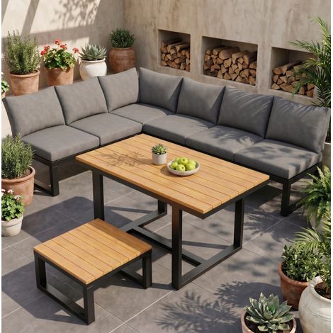 Ensemble de jardin 6 places en metal et bois synthetique gris, dossier reglable (1/5)
