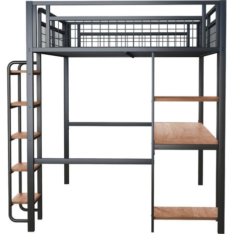 Letto a soppalco in metallo 140 x 200 cm nero con scala, scrivania e scaffali (1/5)