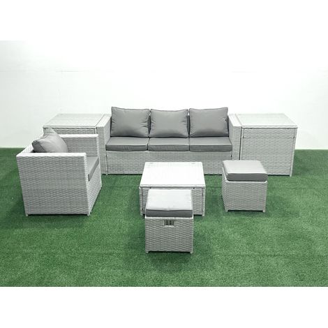 Fimous Salon de Jardin Exterieur en Résine 6 places avec Canapé Grand tabouret Fauteuil 2 Tables d'appoint Gris clair mixte (1/5)