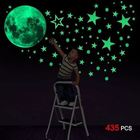 (Mehrfarbige) Wandaufkleber – Mond und Sterne – 435 Stück – Kinderzimmerdekoration – Phosphoreszierend (1/4)