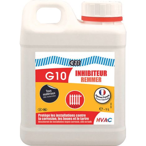 GEB – Inhibiteur liquide pour chauffage central – Compatible gamme HVAC – Densité 1.08 – pH 8.0 – Contenance 1L