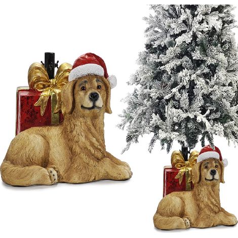Supporto per albero di natale verde o innevato base forma di cane e pacco regalo rosso con fiocco oro Piede alberi decorazioni natalizie particolari elegante (1/4)