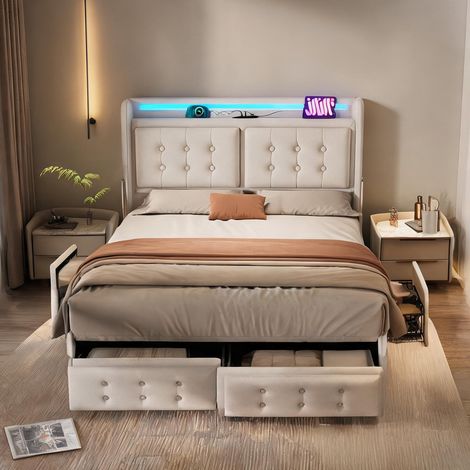 Cadre de lit beige en coton lin 220 x 148 x 106 cm (1/5)